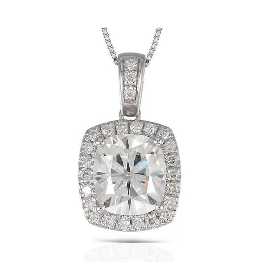 Platinum Plated Silver Halo Moissanite Pretty Woman Necklace 2.18ct Total