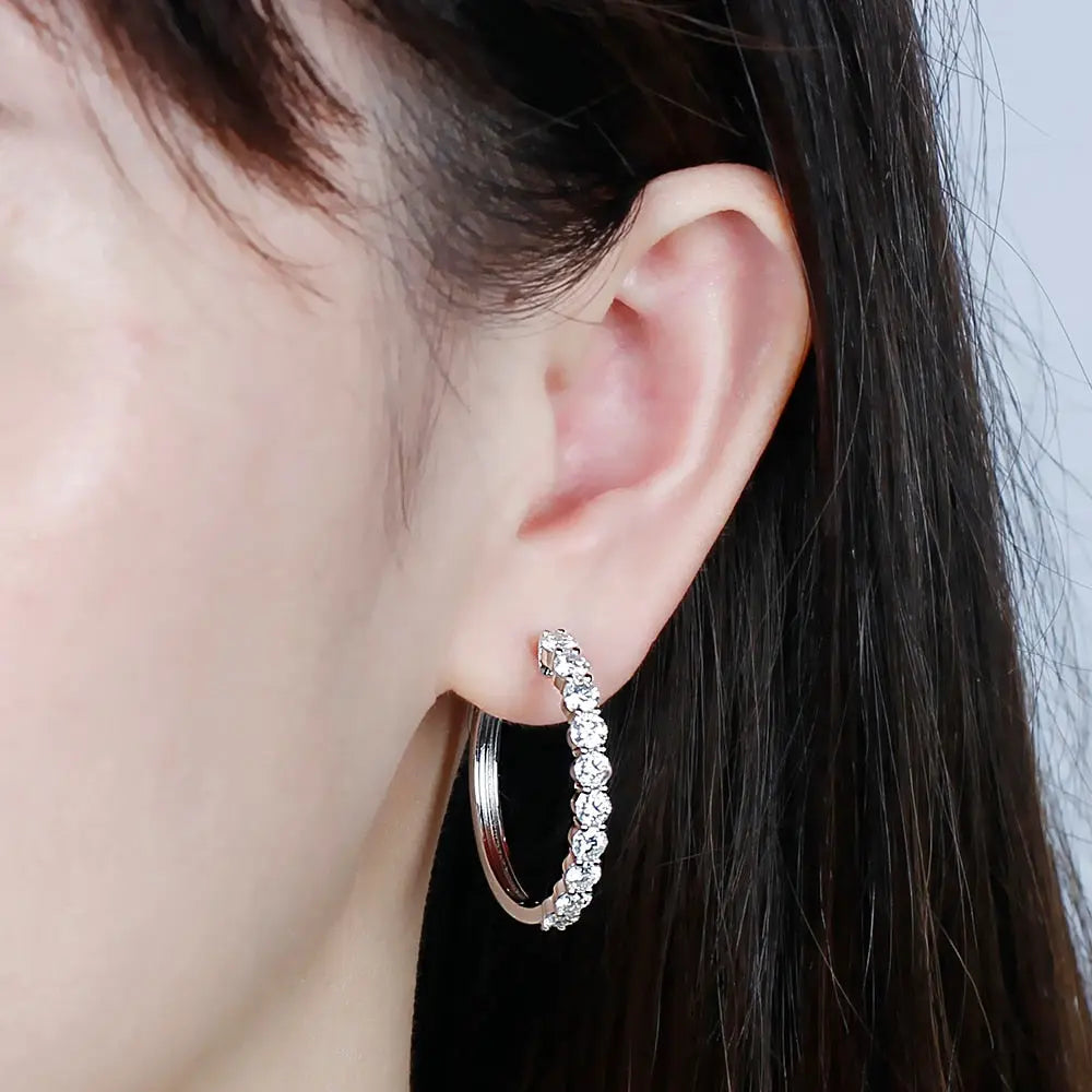 Platinum Plated Silver Hoop Earrings Moissanite 3.4ctw
