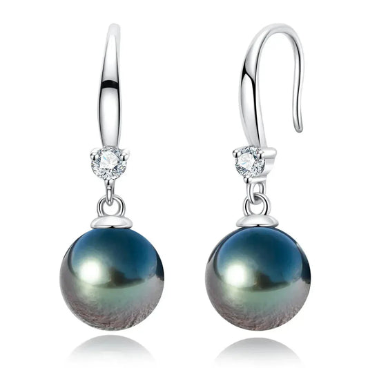 18K WHITE GOLD PLATED SILVER 9 - 12MM TAHITIAN PEARL AND MOISSANITE DROP EARRINGS