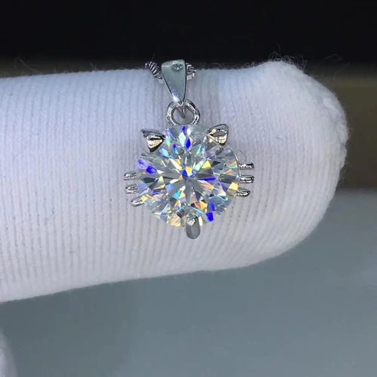 Silver Cat Face Moissanite Necklace With a Pendant 1ct & 2ct Options