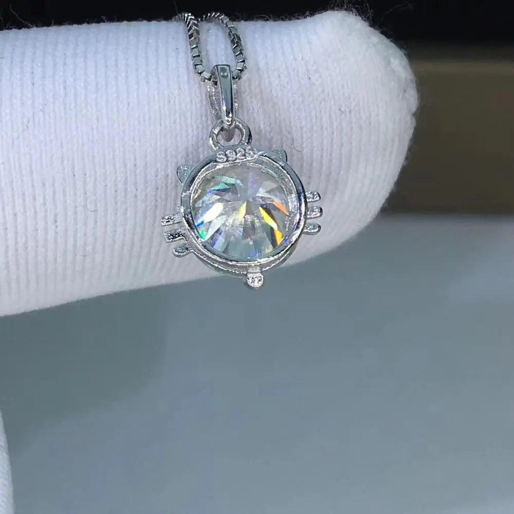 Silver Cat Face Moissanite Necklace With a Pendant 1ct & 2ct Options