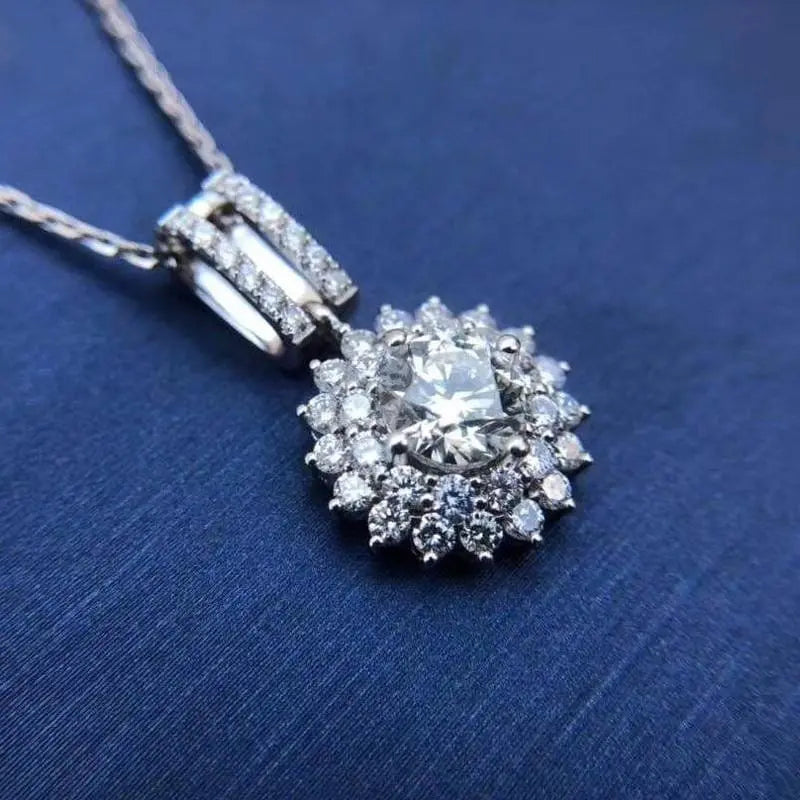 White Gold Plated Silver Double Halo Moissanite Cute Small Necklace 1ct Center Stone