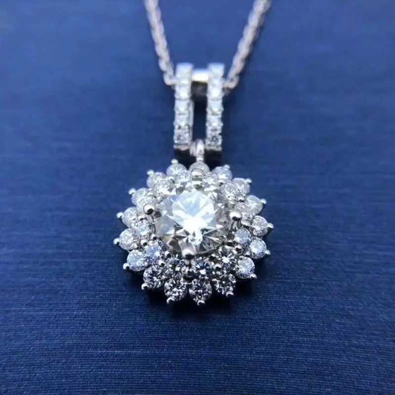White Gold Plated Silver Double Halo Moissanite Cute Small Necklace 1ct Center Stone