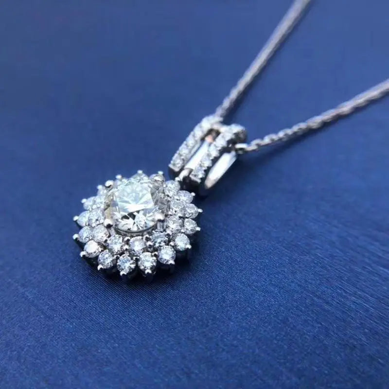 White Gold Plated Silver Double Halo Moissanite Cute Small Necklace 1ct Center Stone