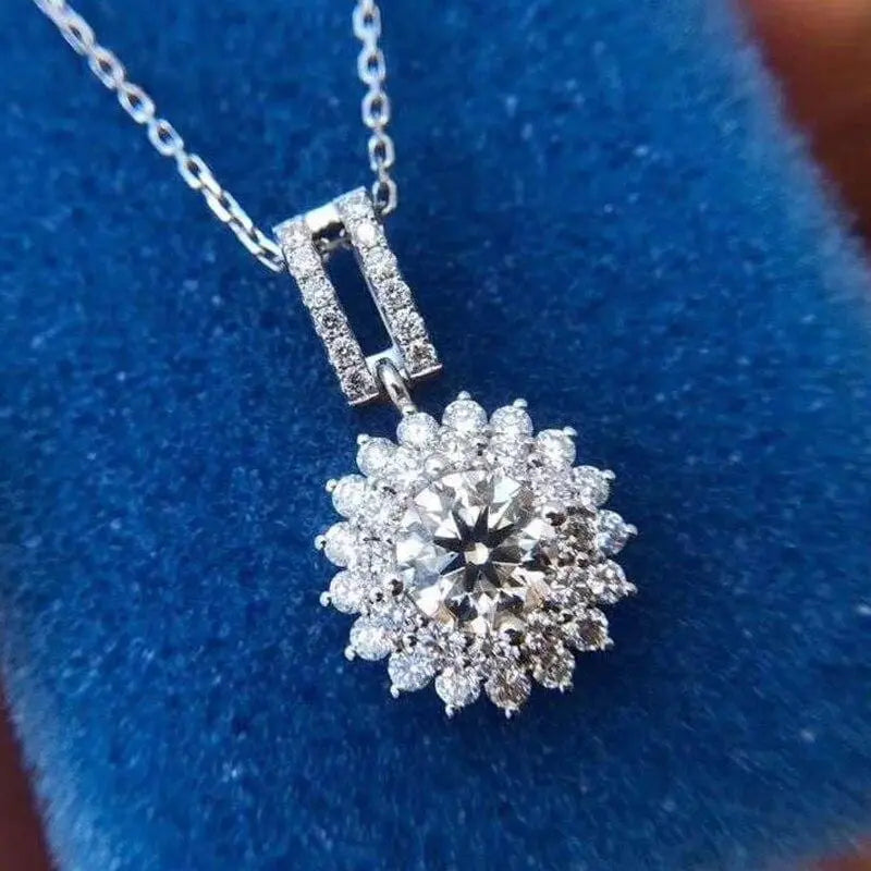 White Gold Plated Silver Double Halo Moissanite Cute Small Necklace 1ct Center Stone